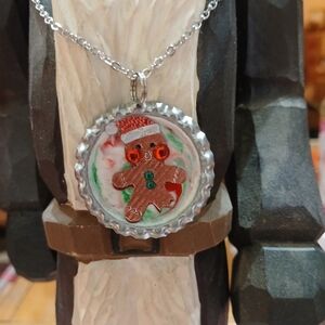 Festive Gingerbread Man Pendant Necklace with Red Accents